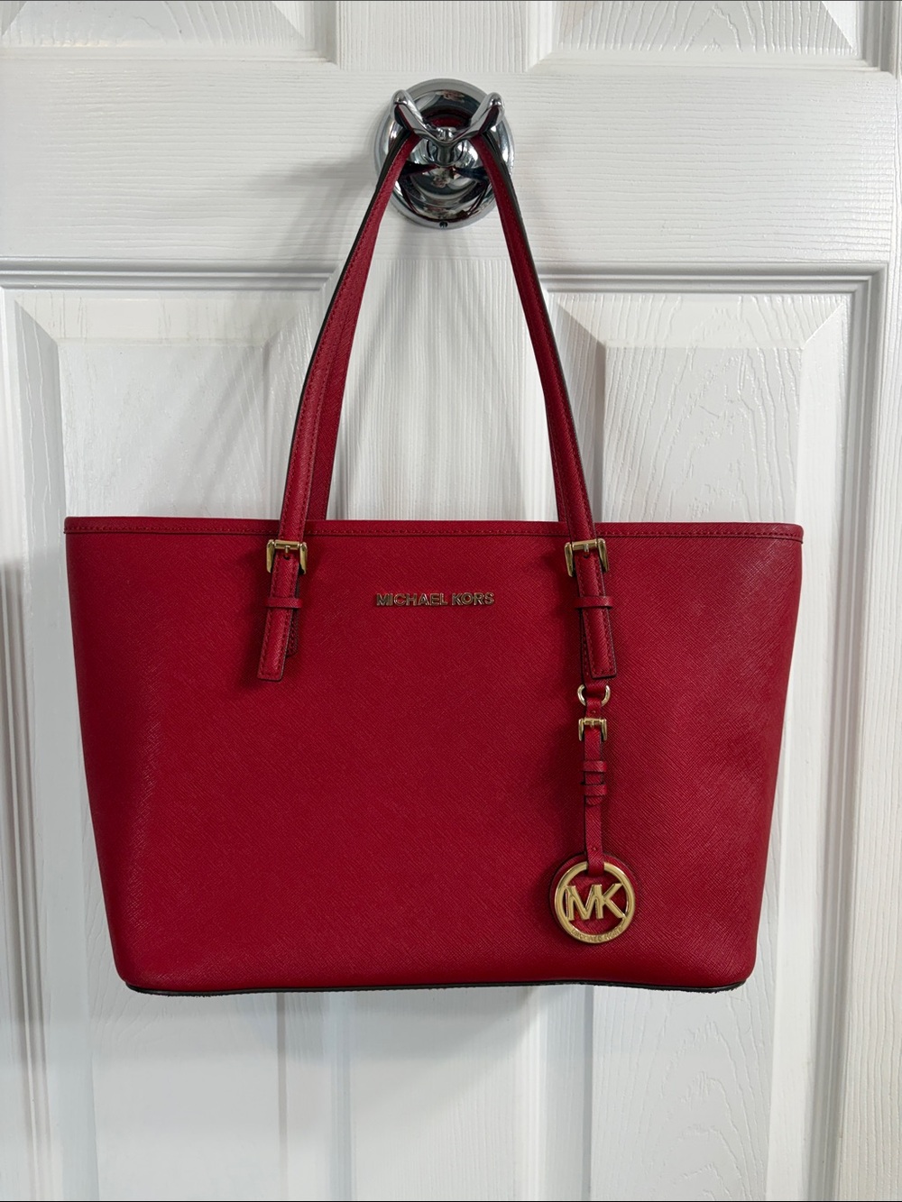 Michael Kors Red Saffiano Leather Tote with Gold MK Charm